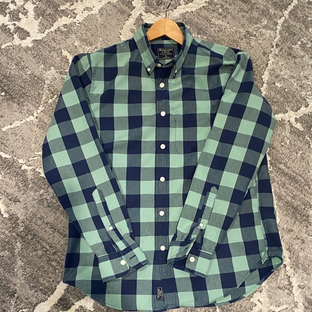 Abercrombie & Fitch Green and Navy Buffalo Check Button-Down Shirt